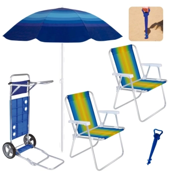 Kit Carrinho Praia Avano + Guarda Sol Fps 70 1,50 M + 2 Cadeiras de Praia Alta Alumnio+ Saca Areia