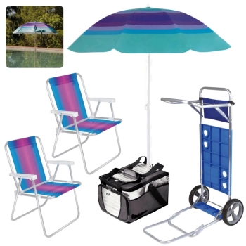 Kit Carrinho Praia com Avano + Guarda Sol Fps 70 1,50 M + 2 Cadeiras Praia Alta + Bolsa Trmica 36l