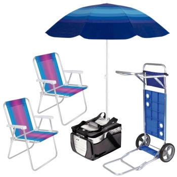 Kit Carrinho Praia com Avano + Guarda Sol Fps 70 1,50 M + 2 Cadeiras Praia Alta + Bolsa Trmica 36l