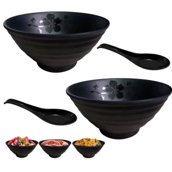 Kit 2 Tigelas 300 Ml + 2 Colheres em Melamina Premium Preta Linha Kanpai para Restaurante Japon�s
