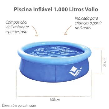 Piscina Infantil 1000 Litros Redonda Inflavel Azul Vollo
