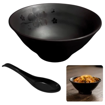 Kit 5 Tigelas 300 Ml + 5 Colheres em Melamina Premium Preta Linha Kanpai para Restaurante Japon�s