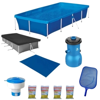 Kit Piscina 3000 Lts + Capa + Forro + Filtro 110v + Clorador + Peneira + Cloro