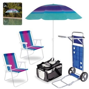 Kit Carrinho de Praia com Avano + Guarda Sol 1,50 M + 2 Cadeiras Alta de Ao + Bolsa Trmica 36 L