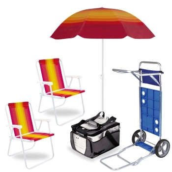 Kit Carrinho de Praia com Avano + Guarda Sol 1,50 M + 2 Cadeiras Alta de Ao + Bolsa Trmica 36 L