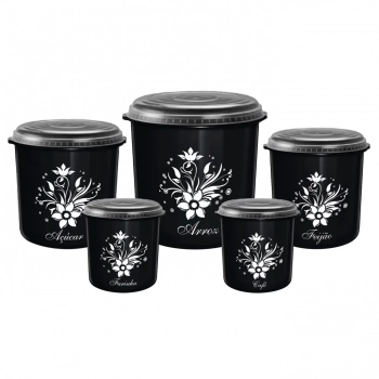 Kit Potes para Mantimentos Floral Preto + Escorredor de Louas + Travessa de Plstico