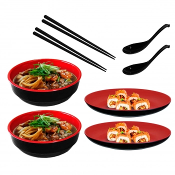 Kit para Sopa/Sushi 2 Tigelas 450 Ml + 2 Pratos 20cm + 2 Colheres + 2 Pares de Hashi