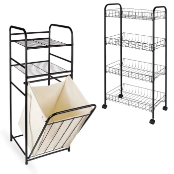 Kit Organizador Cesto Multiuso de Roupas Sujas + Fruteira de Cho 4 Andares Organizador Casa