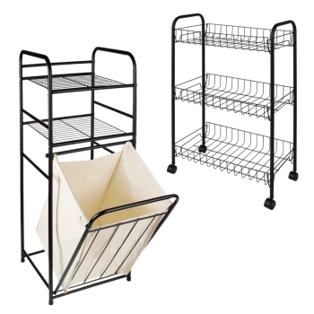 Kit Fruteira Organizadora 3 Andares de Cho Cozinha + Cesto Multiuso Roupa Suja Lavanderia