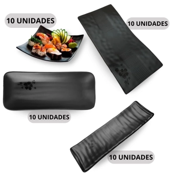 Kit com 40 Peas Pratos / Travessas para Buffet Sushi Melamina Kanpai Comida Japonesa