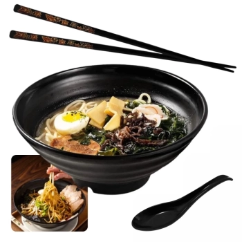 Kit Tigela Redonda 21,5 Cm em Melamina Preta + Colher + Par de Hashi Decorado