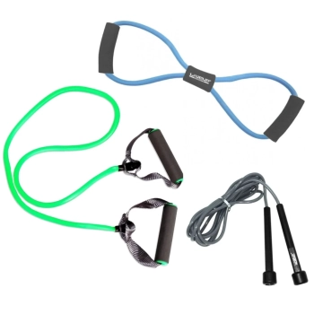Kit Extensor Elstico Tenso Media Verde + Extensor em 8 Forte Azul + Corda de Pular