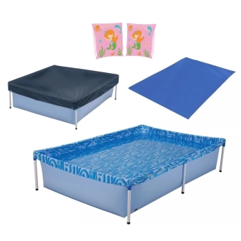 Kit Piscina 1000 Litros + Capa + Forro + Boia de Brao Rosa