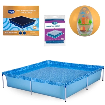 Kit Piscina 1500 Litros + Capa e Forro Mor + Bola Inflvel Laranja