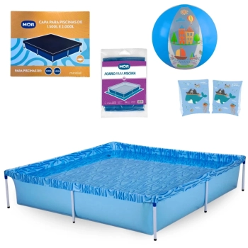 Kit Piscina 1500l + Capa e Forro Mor + Bola Azul + Boias de Brao Azul