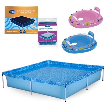 Kit Piscina 1500 Litros + Capa e Forro Mor + 2 Botes Inflvel Rosa e Azul