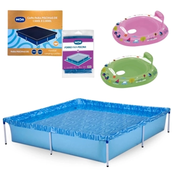 Kit Piscina 1500 Litros + Capa e Forro Mor + 2 Botes Inflvel Verde e Rosa