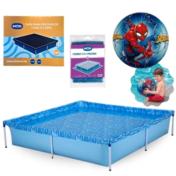 Kit Piscina Quadrada 1500 Litros + Capa e Forro Mor + Bola Inflvel Homem-aranha