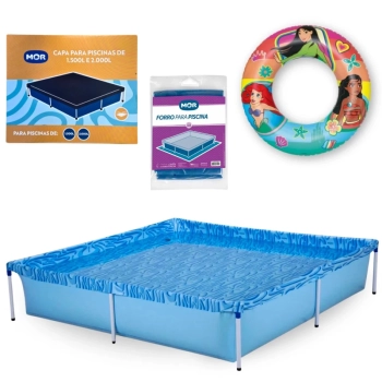 Kit Piscina Quadrada 1500 L + Capa e Forro Mor + Boia Inflvel Princesas