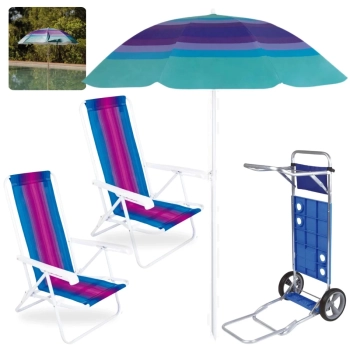 Kit Carrinho de Praia com Avano + Guarda Sol Fps 70 1,50 M + 2 Cadeiras Reclinvel Ao 4 Posies