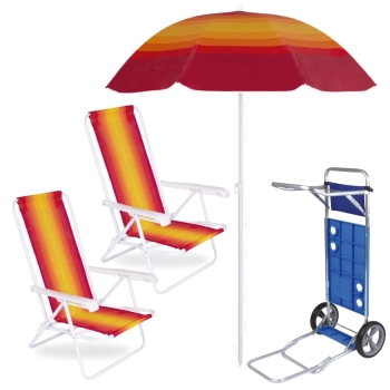 Kit Carrinho de Praia com Avano + Guarda Sol Fps 70 1,50 M + 2 Cadeiras Reclinvel Ao 4 Posies