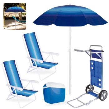 Kit Carrinho de Praia + Caixa Trmica 18 L + Guarda Sol Fashion 1,50 M+ 2 Cadeiras Reclinveis Ao