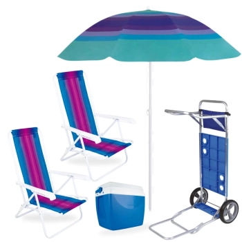 Kit Carrinho de Praia + Caixa Trmica 18 L + Guarda Sol Fashion 1,50 M+ 2 Cadeiras Reclinveis Ao