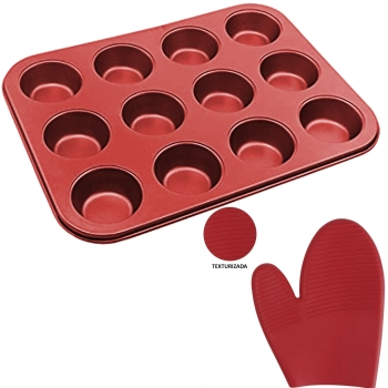 Kit Forma para Cupcakes Color 12 Cavidades + Luva Silicone Vermelha