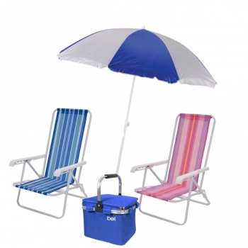 Kit 2 Unidades Cadeira de Praia + Guarda-sol Branco/Azul + Bolsa Trmica