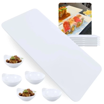 Kit 5 Pratos para Sushi em Melamina 27x12 Cm + 5 Tigelas Molheira 150 Ml para Finger Food e Molhos