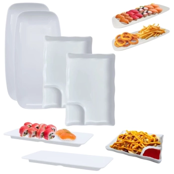 Kit 2 Travessas 30x15 Cm + 2 Pratos com Divisria + 2 Pratos 27x12 Cm