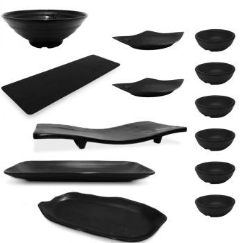 Kit Sushi 13 Peas Pratos Travessas e Molheiras Melamina Preto