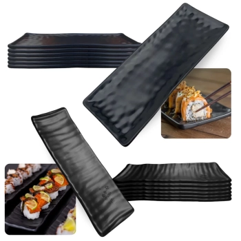 Kit 6 Travessas 24cm Estriada + 6 Travessas 28,5cm em Relevo Kanpai Melamina Buffet Comida Japonesa