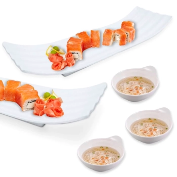 Kit Prato para Sushi Buffet Comida Japonesa Melamina + 3 Tigelas Molheiras