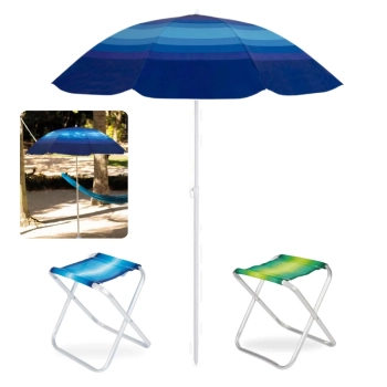 Kit Praia Guarda Sol Fashion Fps 70 1,50 M + 2 Banquetas Banco Dobrvel Alumnio Piscina Pescaria