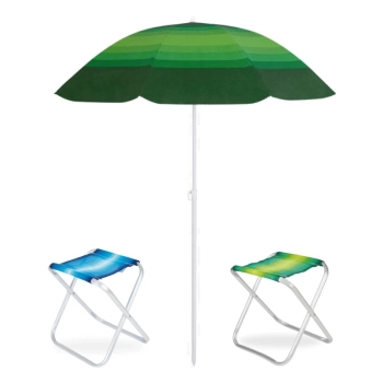 Kit Praia Guarda Sol Fashion Fps 70 1,50 M + 2 Banquetas Banco Dobrvel Alumnio Piscina Pescaria