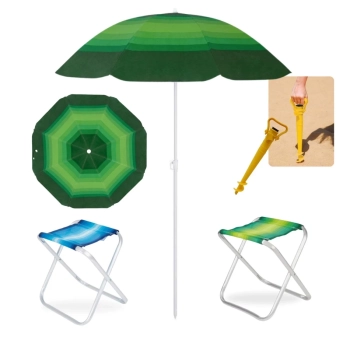 Kit Guarda Sol 1,50 M + Duas Banquetas Dobrveis Alumnio + Saca Areia Pesca Camping e Praia