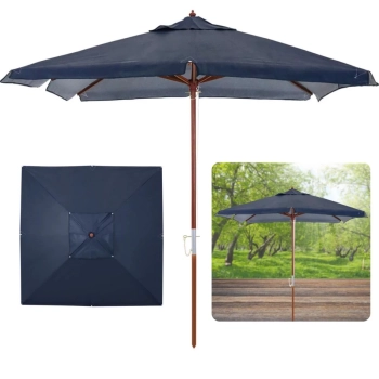 Kit Ombrelone Sardenha 2,05m Azul Quadrado Madeira e Bagum + Base Preta 22 Kg para Jardim e Piscina