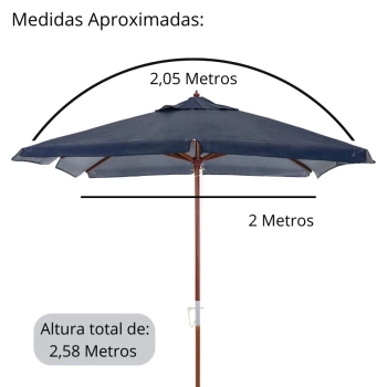 Kit Ombrelone Sardenha 2,05m Azul Quadrado Madeira e Bagum + Base Preta 22 Kg para Jardim e Piscina