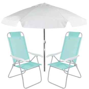 Kit 2 Cadeiras de Praia Alta Dobrvel + Guarda-sol 2 M Branco