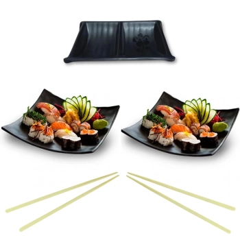 Kit Jantar Casal Comida Japonesa 2 Pratos Cncavos + 2 Pares Hashi + 1 Molheira
