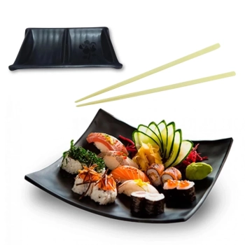 Kit Jantar Casal Comida Japonesa 2 Pratos Cncavos + 2 Pares Hashi + 1 Molheira