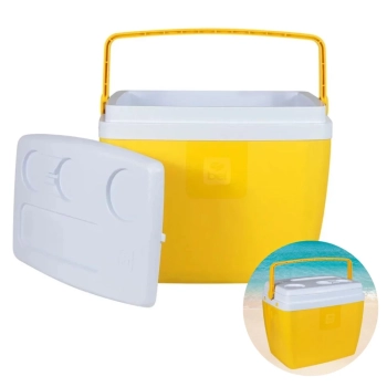 Kit Praia Amarelo Cooler 36l + Guarda Sol 1,60 M + 2 Cadeiras Altas