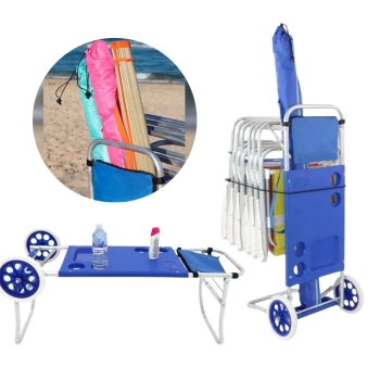 Kit com Carrinho de Praia + 2 Cadeiras Cores Sortidas + Guarda Sol 2m