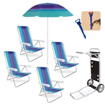 Kit Praia 4 Cadeiras Alumnio + Carrinho com Avano + Saca Areia + Guarda Sol Fps 70 1,50 M Piscina