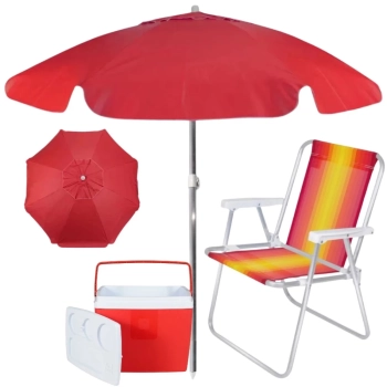 Kit Praia Guarda Sol 1,60 M + Cooler 19 L + 1 Cadeira Colorida