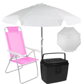 Kit Cooler 19 L Preto + Cadeira de Praia Rosa + Guarda-sol 1,60 M Branco
