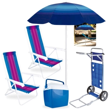 Kit Carrinho de Praia Avano + Caixa Trmica 26 L + Guarda Sol Fps 70 1,50 M + 2 Cadeiras Reclinvel