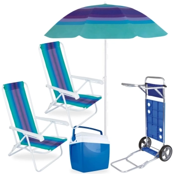 Kit Carrinho de Praia Avano + Caixa Trmica 26 L + Guarda Sol Fps 70 1,50 M + 2 Cadeiras Reclinvel