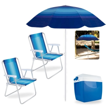 Kit Guarda Sol Fps 70 1,50 M + 2 Cadeiras de Praia Alta Alumnio + Caixa Trmica 26 L Parque Piscina
